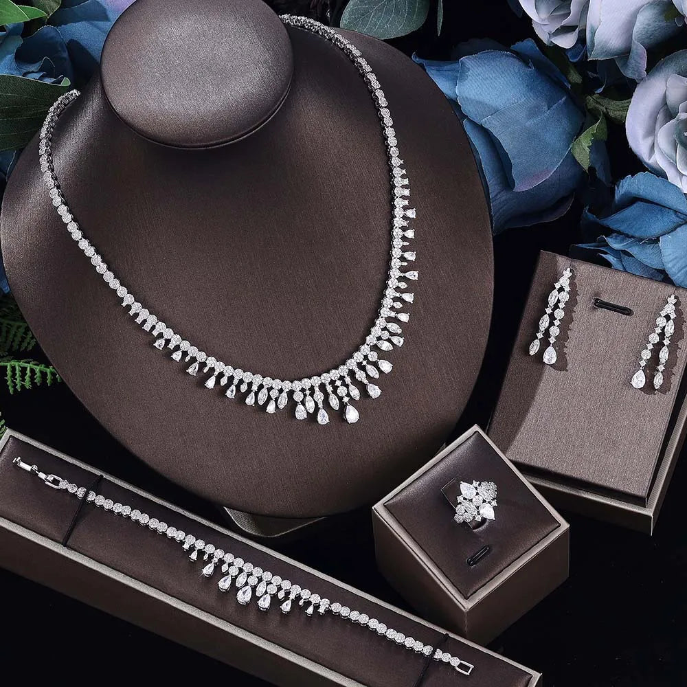 4 pieces of bride zirconia full set of women's party jewelry, luxury Dubai Nigeria CZ luxury crystal wedding necklace set