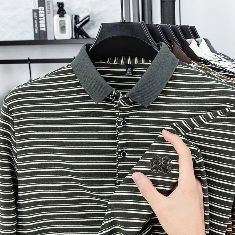 Men's Striped Long Sleeved T-shirt Polo Shirt Button Up Men's Stand Up Collar, Winter Double-sided German Velvet Base Shirt