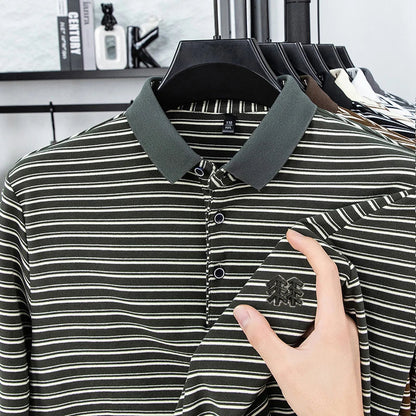 Men's Striped Long Sleeved T-shirt Polo Shirt Button Up Men's Stand Up Collar, Winter Double-sided German Velvet Base Shirt