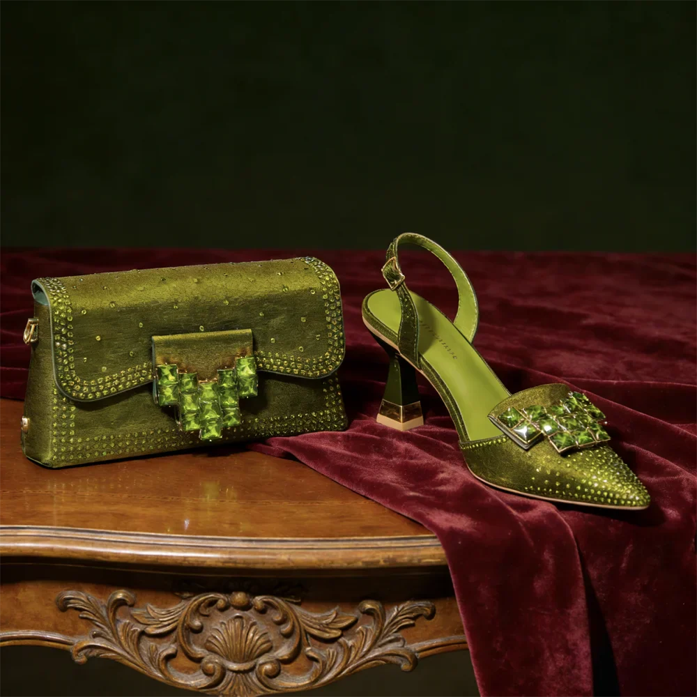 2026 Women's Elegant Green Rhinestone Slingback Heels & Matching Handbag Set - Stylish Pointed Toe Design