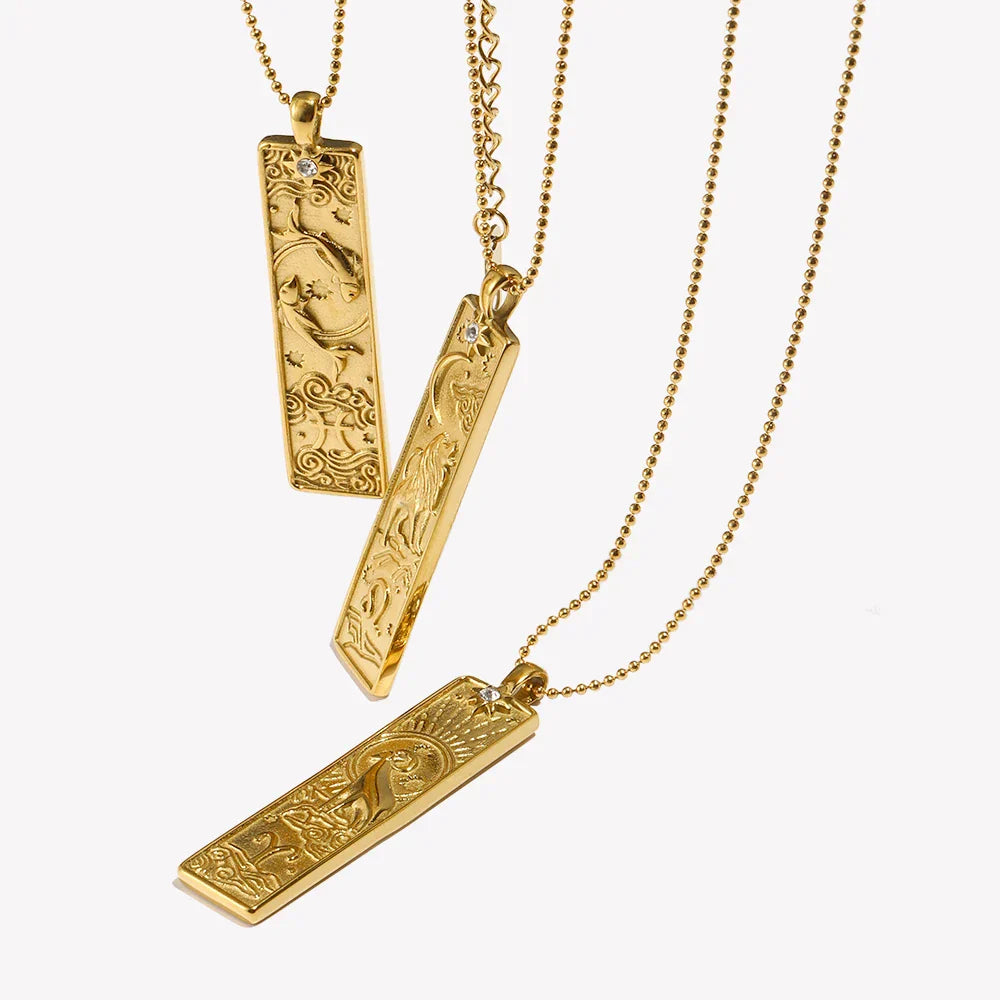 18k Gold Plated Rectangle Shape 12 Constellation Pendant Necklace Stainless Steel Waterproof Fashion Women's Jewelry