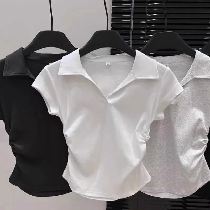 Camiseta Polo Feminina Curta Sexy de Verão em Algodão, Blusa Slim Básica Lisa de Manga Curta para Mulheres