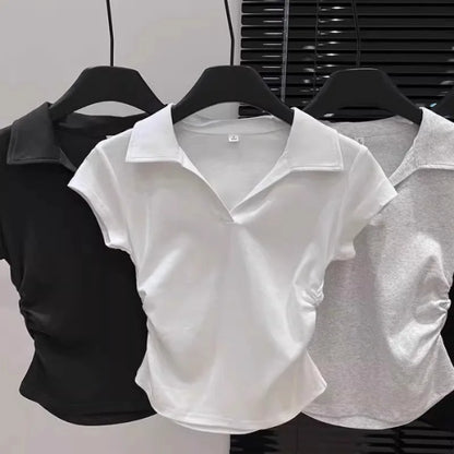 Camiseta Polo Feminina Curta Sexy de Verão em Algodão, Blusa Slim Básica Lisa de Manga Curta para Mulheres