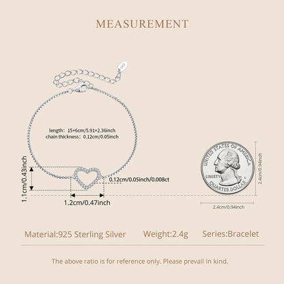925 Sterling Silver Hollowed Heart Moissanite Bracelet Adjustable Knot Wrist Chain for Women Teen Minimalist Love Gift