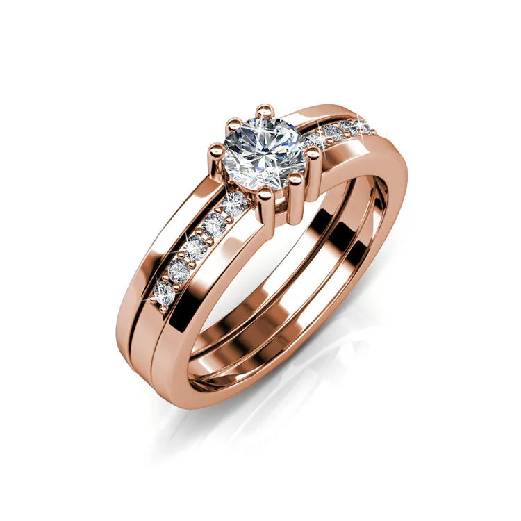 2 in 1 Wedding Ring with Swarovski Crystals Luxury Rose Gold Color Double Row for Women Romantic Engageme Party Jewelry