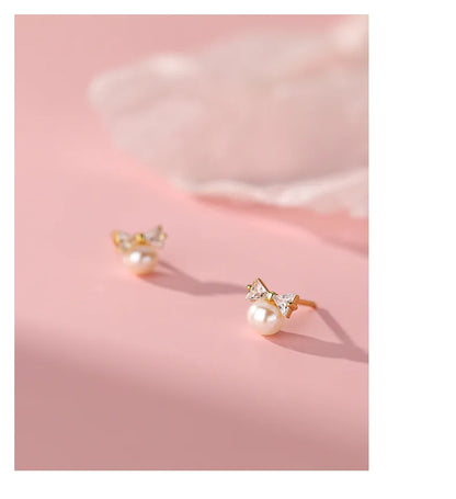 Korea Exquisite Vintage Zircon Pearl Bow Sweet Stud Earrings for Women 925 Sterling Silver Jewelry
