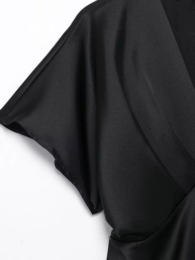 Satin Long Dress Woman Black Draped Midi Dresses for Women Elegant Party Women Dresses Short Sleeve Chic Female Dress
