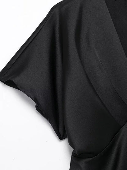 Satin Long Dress Woman Black Draped Midi Dresses for Women Elegant Party Women Dresses Short Sleeve Chic Female Dress