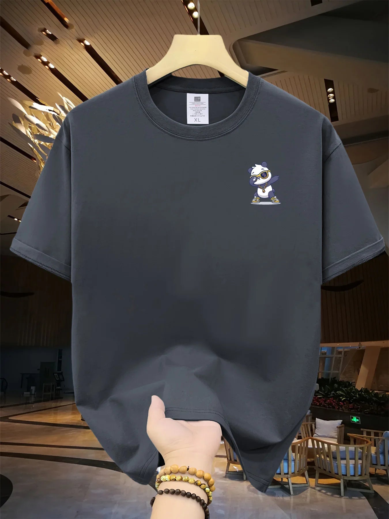 Men's Summer 100% Cotton Cartoon Bear Graphic Printed Fashion Sports and Leisure Loose Round Neck Short Sleeve T-shirt Top