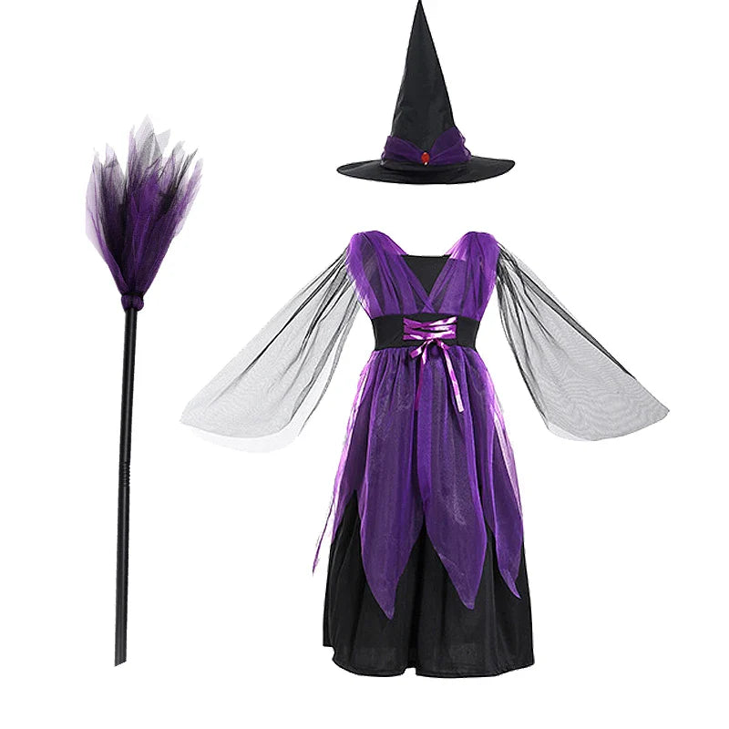 Halloween Costume for Kids Girls Purple Bat Dress Halloween Fantasy Vampire Costume Witch Cosplay Clothes Carnival Party Gifts
