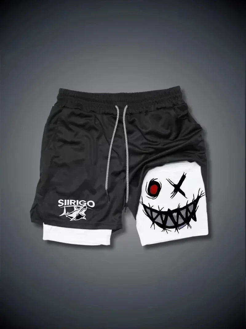 2024 Men's Smiling Face Printed Fitness Shorts Double-Layer 2-in-1 Quick Drying Fitness Outdoor Leisure Training Sports Shorts