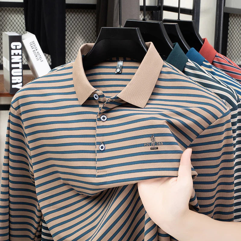 2025 New Lapel Striped T-shirt Men's Long Sleeved Spring and Autumn New Top Casual Polo Shirt Men