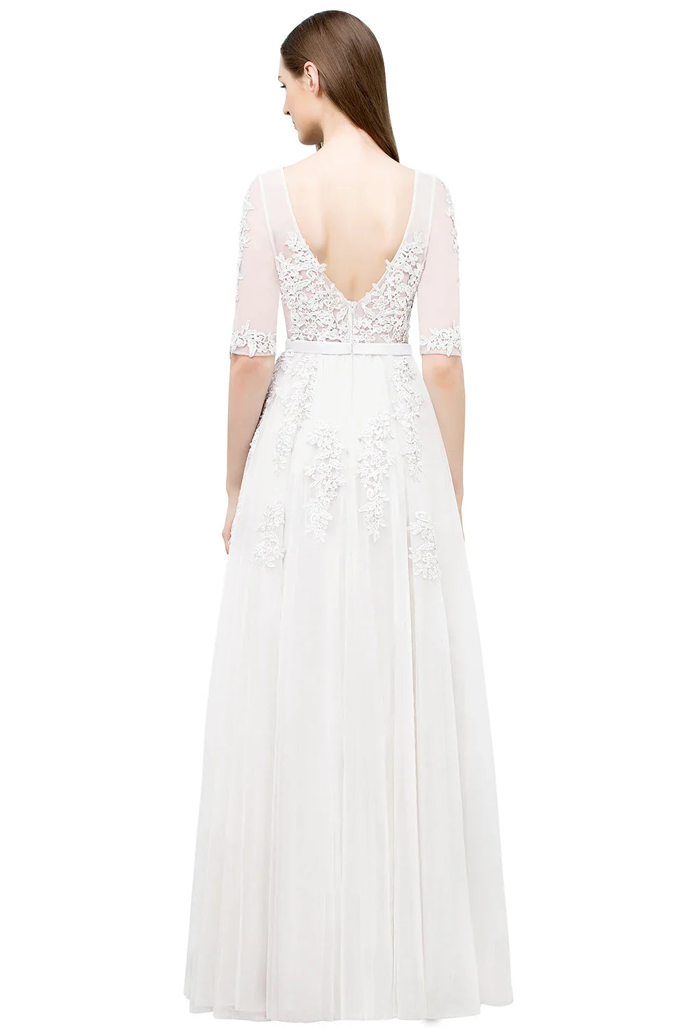 Elegant Half Sleeve Evening Dresses Lace Appliques A-Line Long Tulle Strap V-Neck Sheer Backless Prom Dress Empire Party Gowns