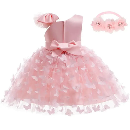 Vestido Borboleta Branco e Rosa de Verão para Meninas Vestido de Noiva de Tule Roupa de Batizado Roupa de Bebê Menina 1º Aniversário