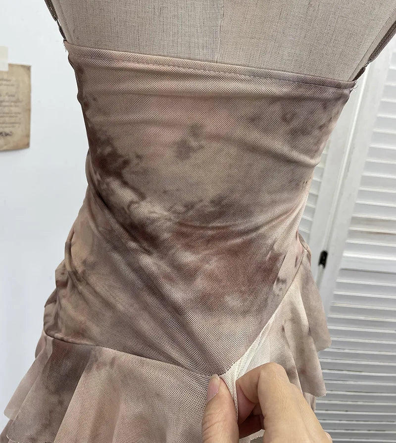 2025 Mesh Camisole for Women Stretch Casual Tie Dyeing Braless Sleeveless Adjustable Straps Asymmetrical Ruffle Tops