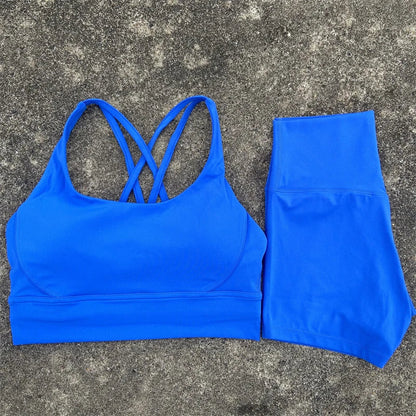 Yoga Shorts Set Gym Sports Set Women Workout Clothes 2 Piece Fitness Suit Cross Straps Bra High Waist Shorts Running Tracksuit