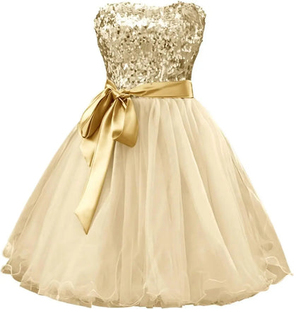 Champagne Women's Sequin Tulle Homecoming Dresses Strapless Sweetheart Neck Short Prom Cocktail Party Gowns for Teens