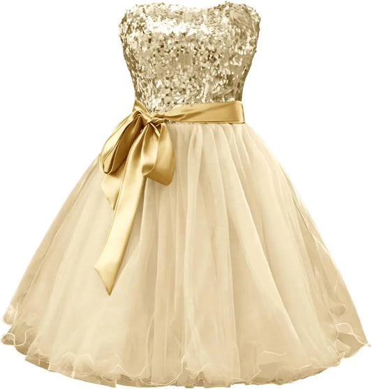 Champagne Women's Sequin Tulle Homecoming Dresses Strapless Sweetheart Neck Short Prom Cocktail Party Gowns for Teens