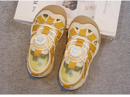 Kids' Rotating Button Closed-Toe Sandals, Breathable Mesh Shoes, Non-Slip Boy Girls Barefoot Shoes Summer Casual Sports Sandals