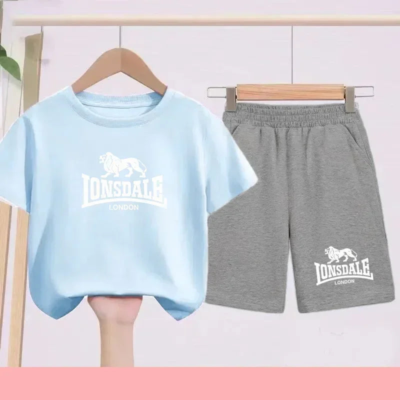 Lion Alphabet Print Kids Summer T-shirt Boys Girls Toddlers 3-12 Years Top+ Shorts 2P Outdoor Sports Clothes Fashion Leisure Set