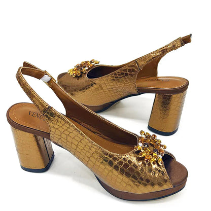 Italian Fashion Open Toe Women Strange Heels Bigger Size Fashion Rhinestone Decoration Brown Shoes And Bag Set Party Bag