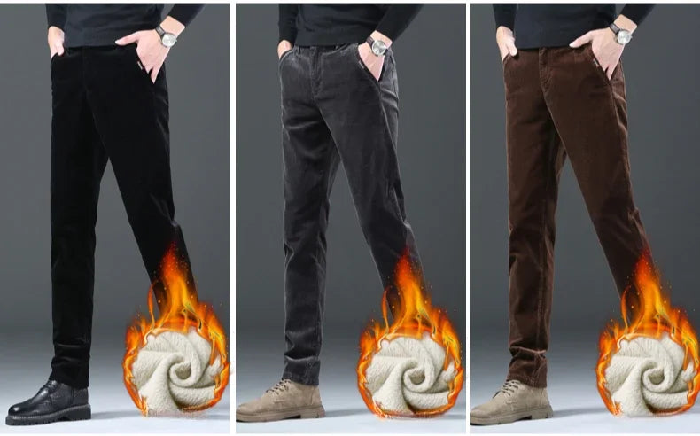 Fleece Winter Brand Men Clothing Corduroy Pants Warm Business Slim Velvet Korean Casual Trousers Male Plush Pants