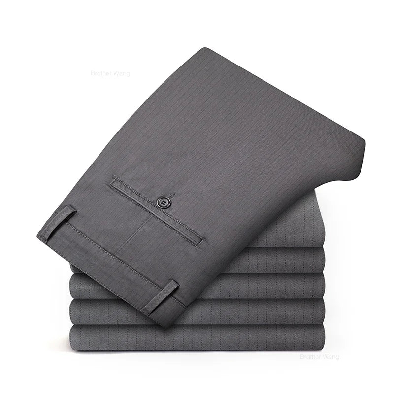 New Men's Business Straight Striped Casual Pants High Quality British Fashion Soft Elastic Trousers Black White Khaki Gray