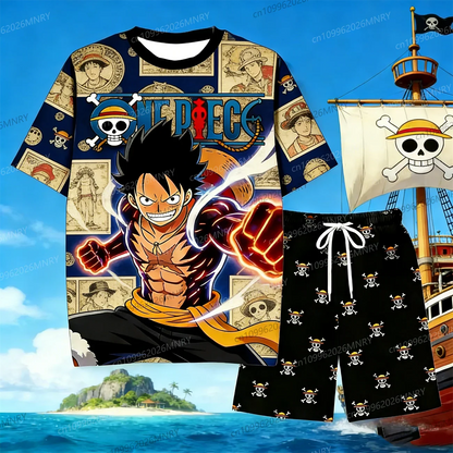 Anime Skull Character Sleepwear One Piece Luffy 2 piece Set men T-Shirt Shorts for Men's Shirts Woman t-shirts Summer Kids Set