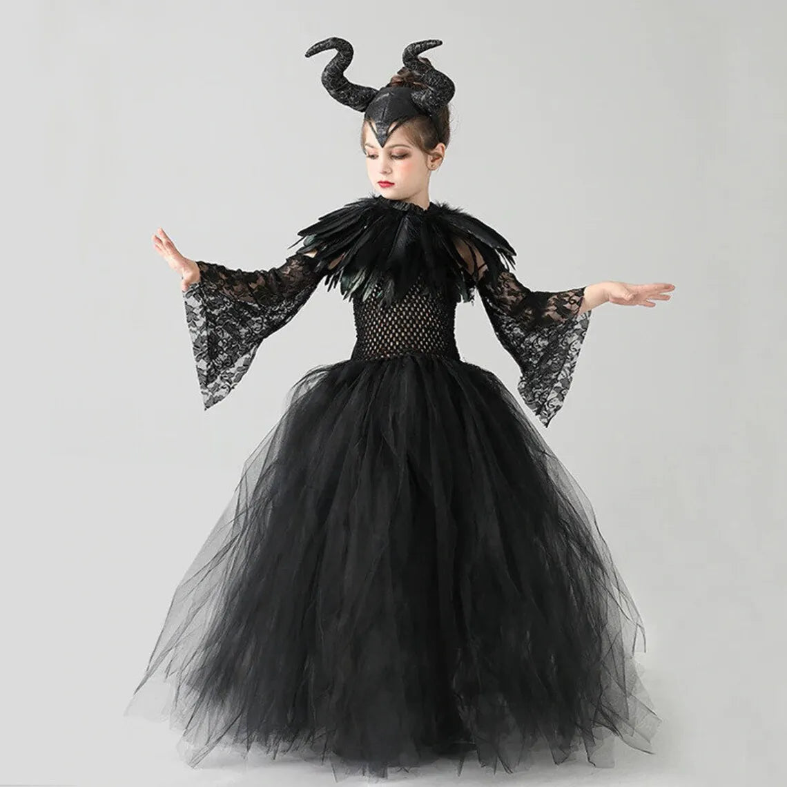 2-10Yrs Maleficent Girl Evil Queen Black Tutu Dress with Feather Scarf Halloween 2026 Villain Party Gothic Costume Gown Vestidos