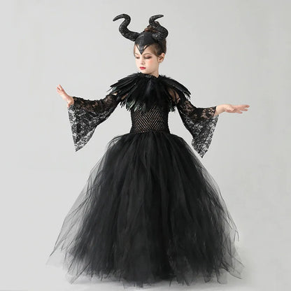 2-10Yrs Maleficent Girl Evil Queen Black Tutu Dress with Feather Scarf Halloween 2026 Villain Party Gothic Costume Gown Vestidos