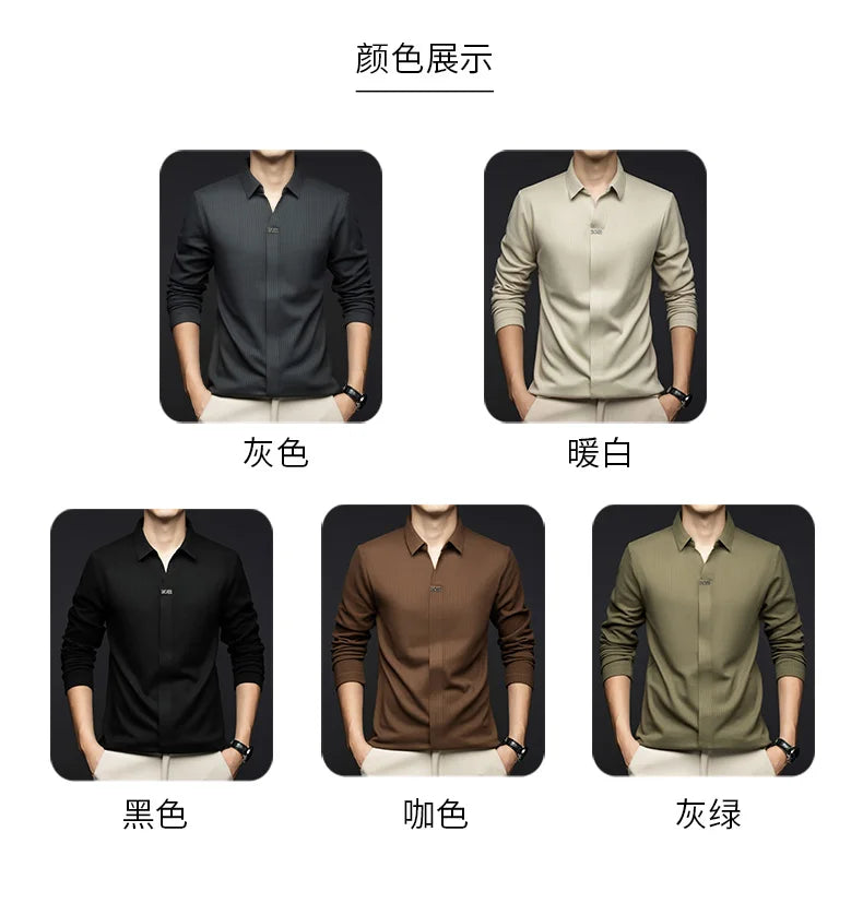Men's Business Casual Solid Color Stretch V-neck POLO Shirt Daily Commute Striped Sweater for Fall 2024.
