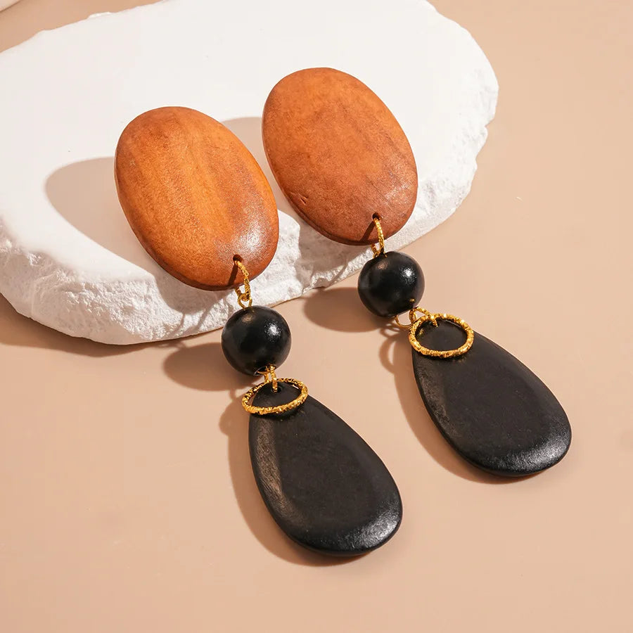 Vintage Wood Earring Dangle for Women Geometric Oval Water Drop Earrings European American Style Large Long Earrings Jewelry