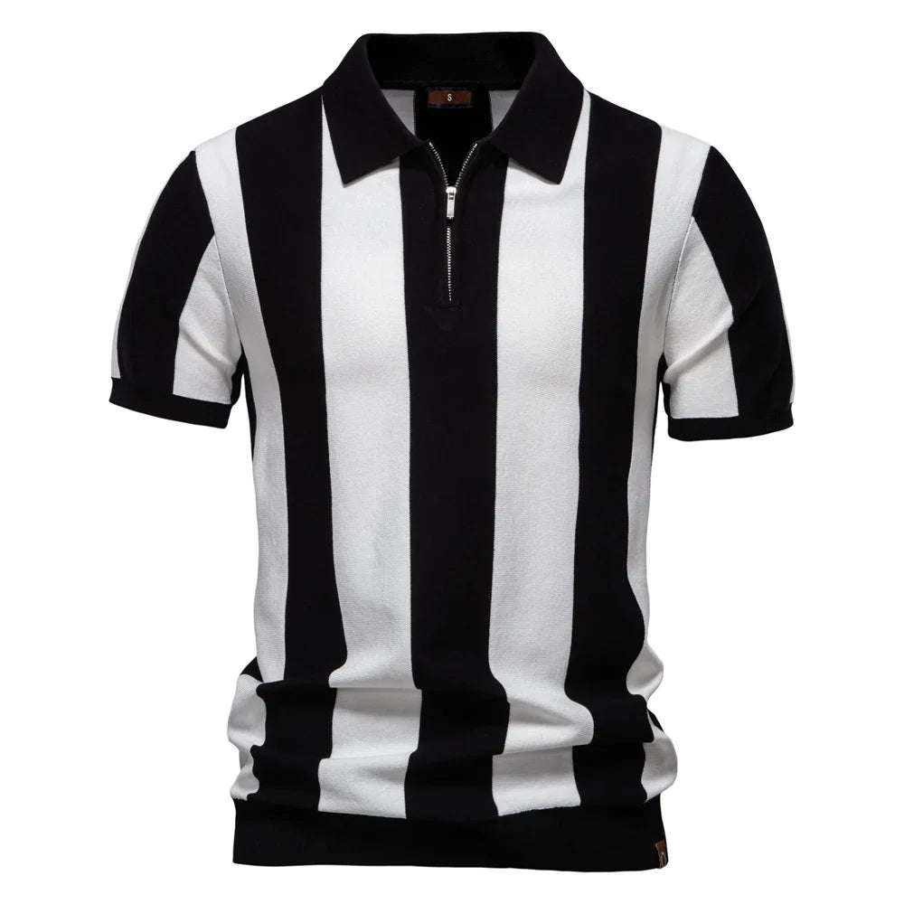 2025 New Summer Men's Breathable Striped Contrast Panel Polo Shirt - Casual Short Sleeve Knit Shirt with Comfort Fit