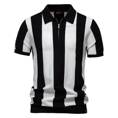 2025 New Summer Men's Breathable Striped Contrast Panel Polo Shirt - Casual Short Sleeve Knit Shirt with Comfort Fit