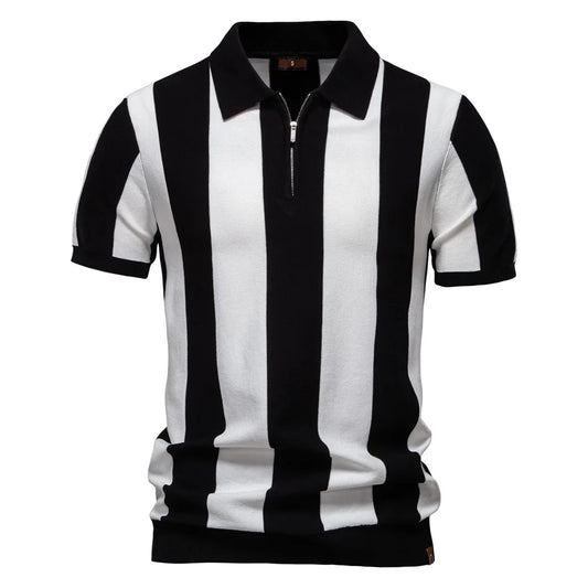 2025 New Summer Men's Breathable Striped Contrast Panel Polo Shirt - Casual Short Sleeve Knit Shirt with Comfort Fit