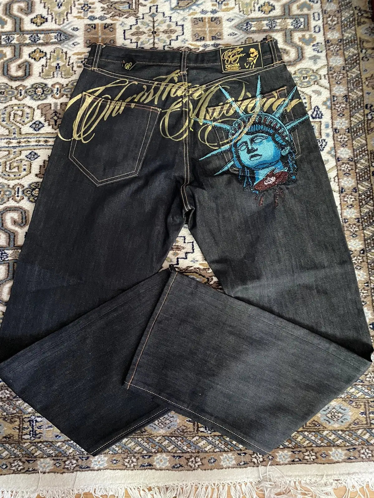 Calça Jeans Vintage Liberty Brilhante com Strass Casual Cintura Baixa Reta Perna Larga Harajuku Y2k Anos 2000 Roupa Feminina