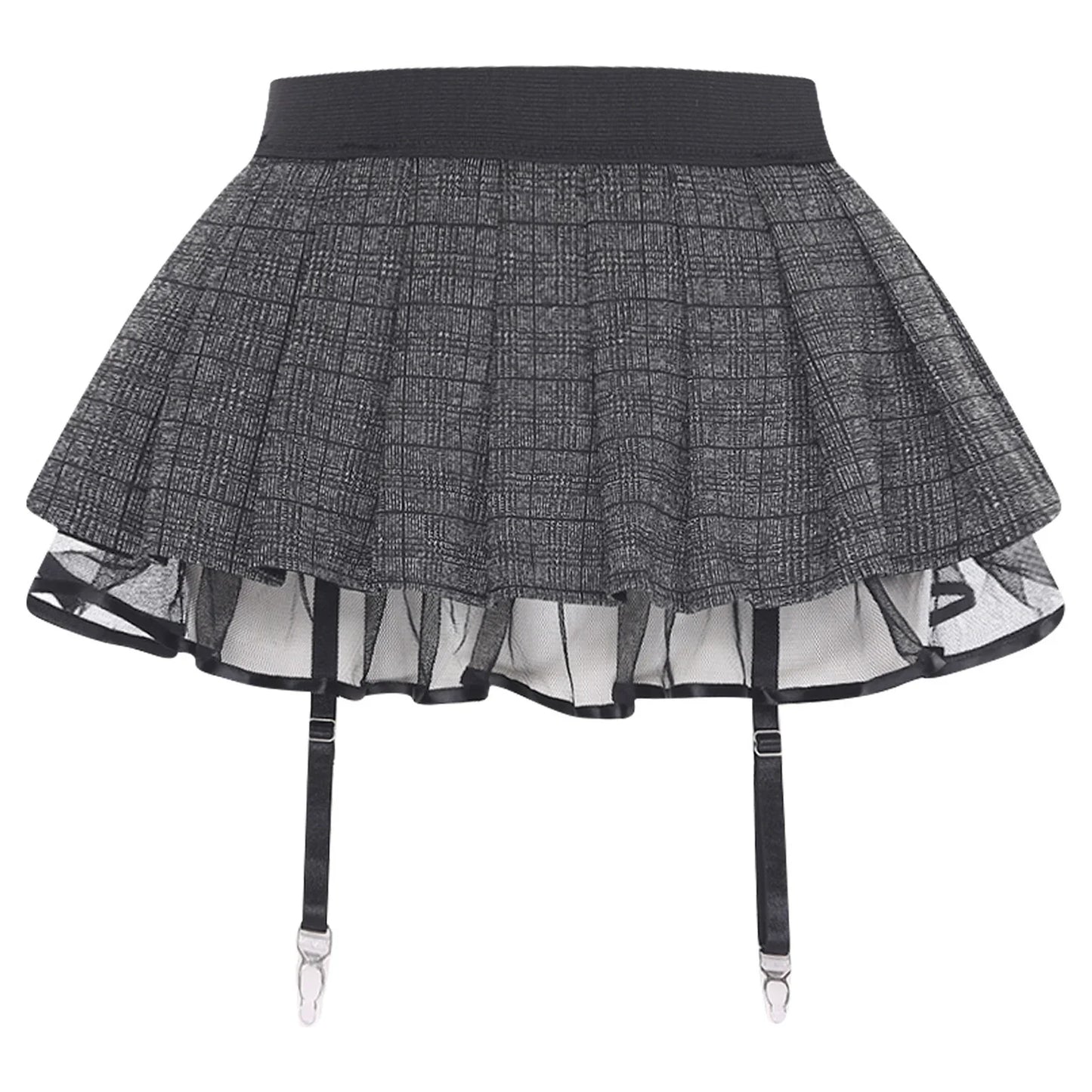 Women's Miniskirt with Garters Schoolgirl Cosplay Costume Plaid Layer with Tulle Lining Elastic Waistband Short Skirt Clubwear
