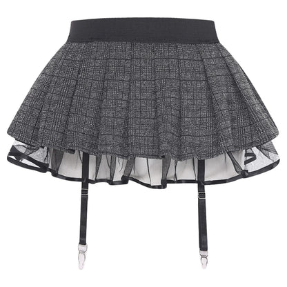 Women's Miniskirt with Garters Schoolgirl Cosplay Costume Plaid Layer with Tulle Lining Elastic Waistband Short Skirt Clubwear