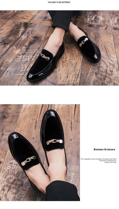 Lightweight metal trim retro British style small leather shoes pointed leather matching color slip-on loafers for men