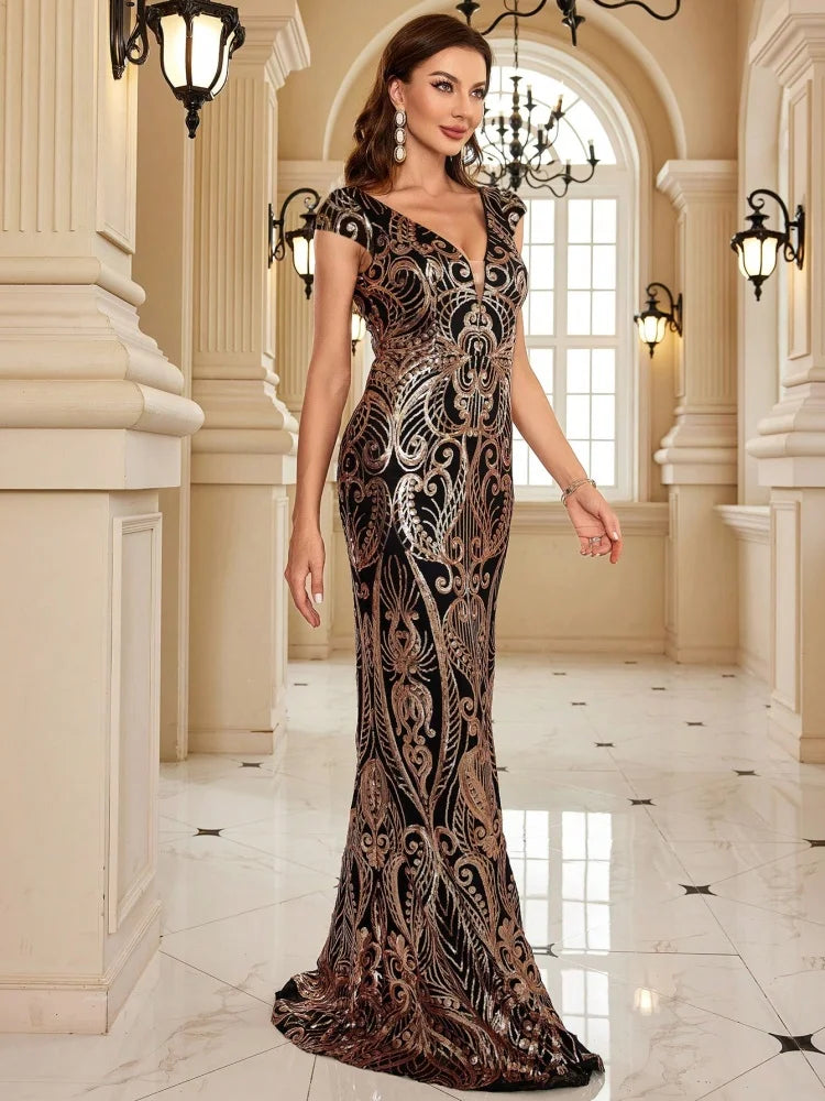 Elegant V-Neck Black Sequin Evening Dress 2025 Women Luxury Sleeveless Party Maxi Mermaid Dress Luxury Prom Gown Dress