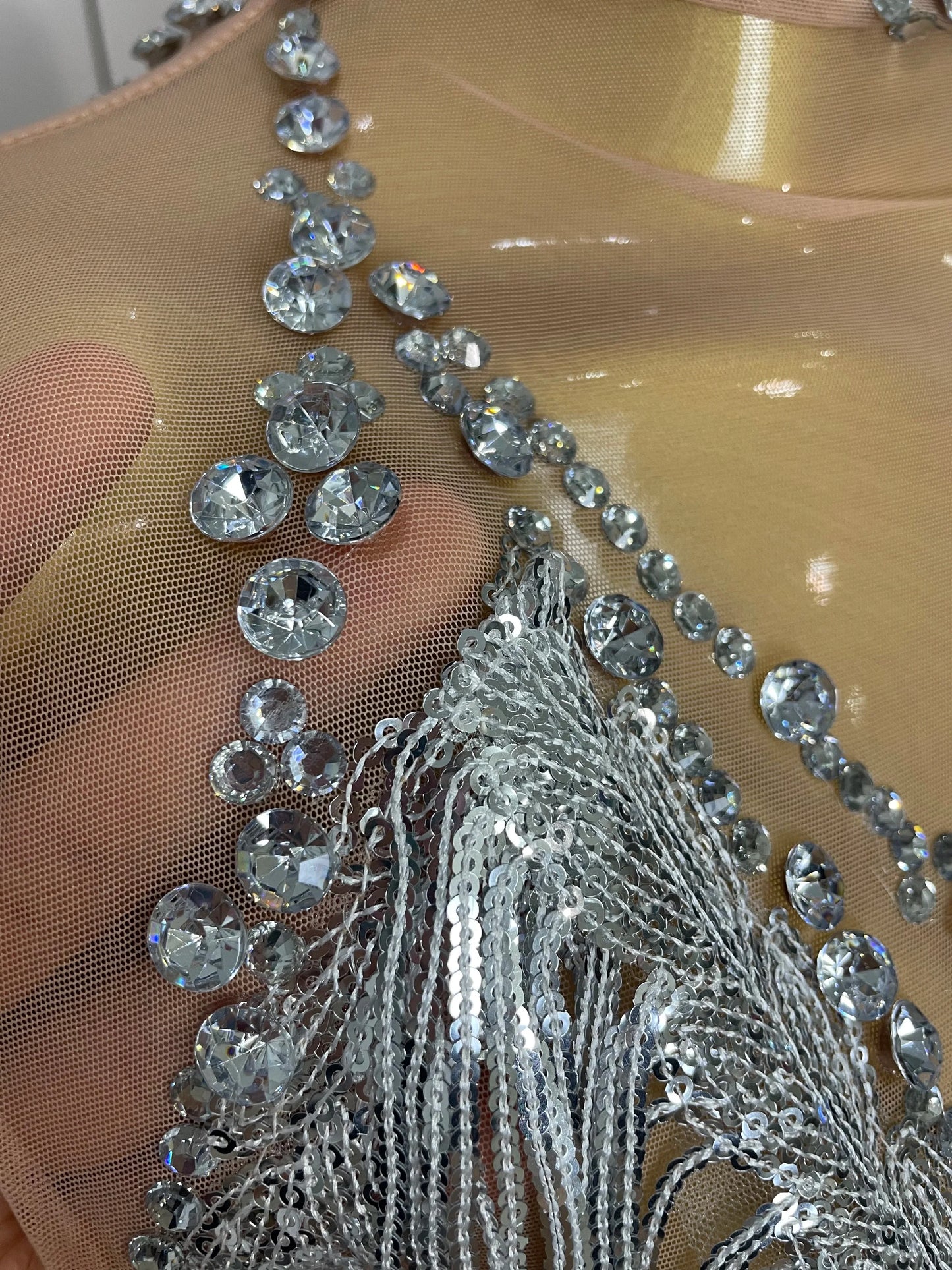 Women Sexy Stretch Mesh Sparkly Rhinestone Tassels Mini Dress Nightclub Singer Dance Stage Costume Evening Gowns
