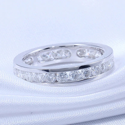 S925 Silver Groove Inlaid D VVS1 Round Moissanite Ring for Women Fashion Wedding Ring Eternity Band with Certificate