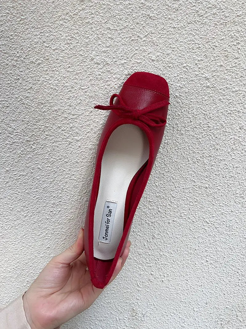 Fashion Elegant Red Ballerinas Women Pumps Slip on Loafers Round Toe Square Heels Bowknot Casual Spring Autumn Low Heel Shoes