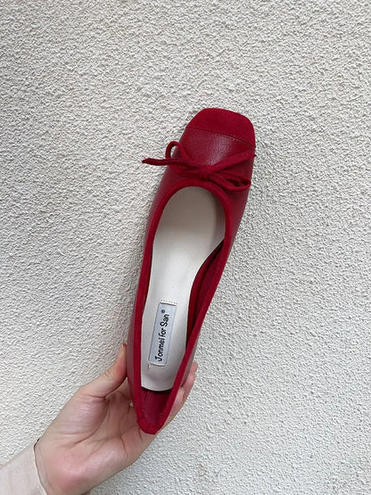 Fashion Elegant Red Ballerinas Women Pumps Slip on Loafers Round Toe Square Heels Bowknot Casual Spring Autumn Low Heel Shoes