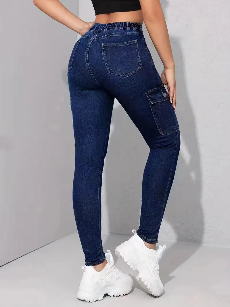 Women's multi-pocket elastic jeans, high-waisted skinny ankle jeans