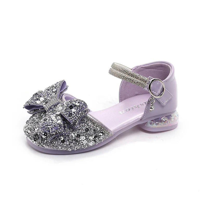 2025 Children's Crystal Princess Shoes bow Tie stylish summer new girls' head-wrapped sandals small high heels performance shoes