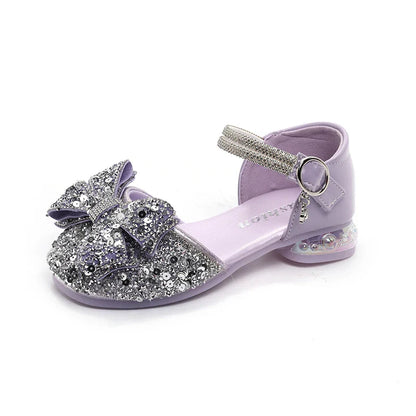 2025 Children's Crystal Princess Shoes bow Tie stylish summer new girls' head-wrapped sandals small high heels performance shoes