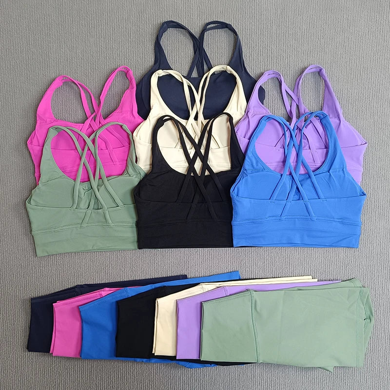 Women's 2-Piece Yoga Set Tights Shorts For Woman Cross Back Bra Top + High Waist Shorts Fitness Running Workout Tracksuit