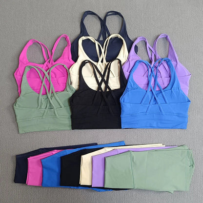Women's 2-Piece Yoga Set Tights Shorts For Woman Cross Back Bra Top + High Waist Shorts Fitness Running Workout Tracksuit