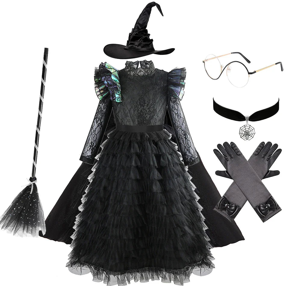 Halloween Witch Elphaba Costume Kids Purim Fantasy Outfits Girls Fancy Sets Children Long Sleeve Lace Ruffles Black Party Gown